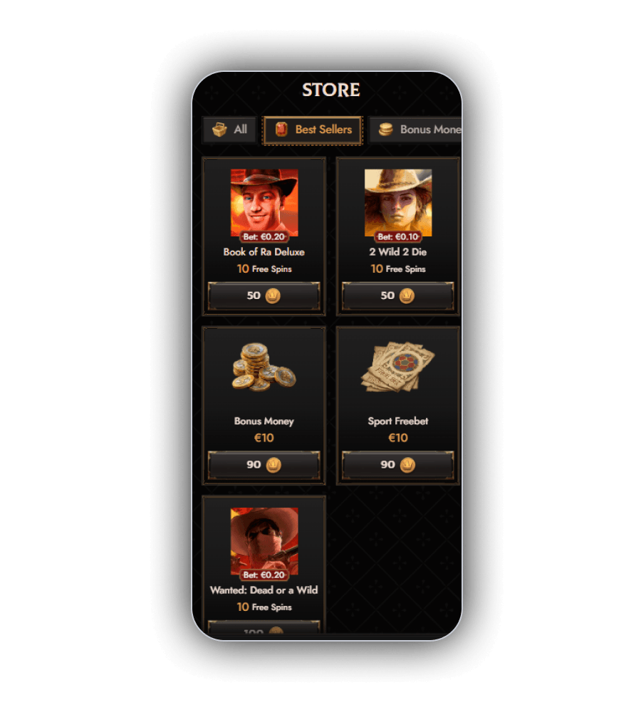 The Crusado Casino bonus shop showing coin conversions alongside the reloads