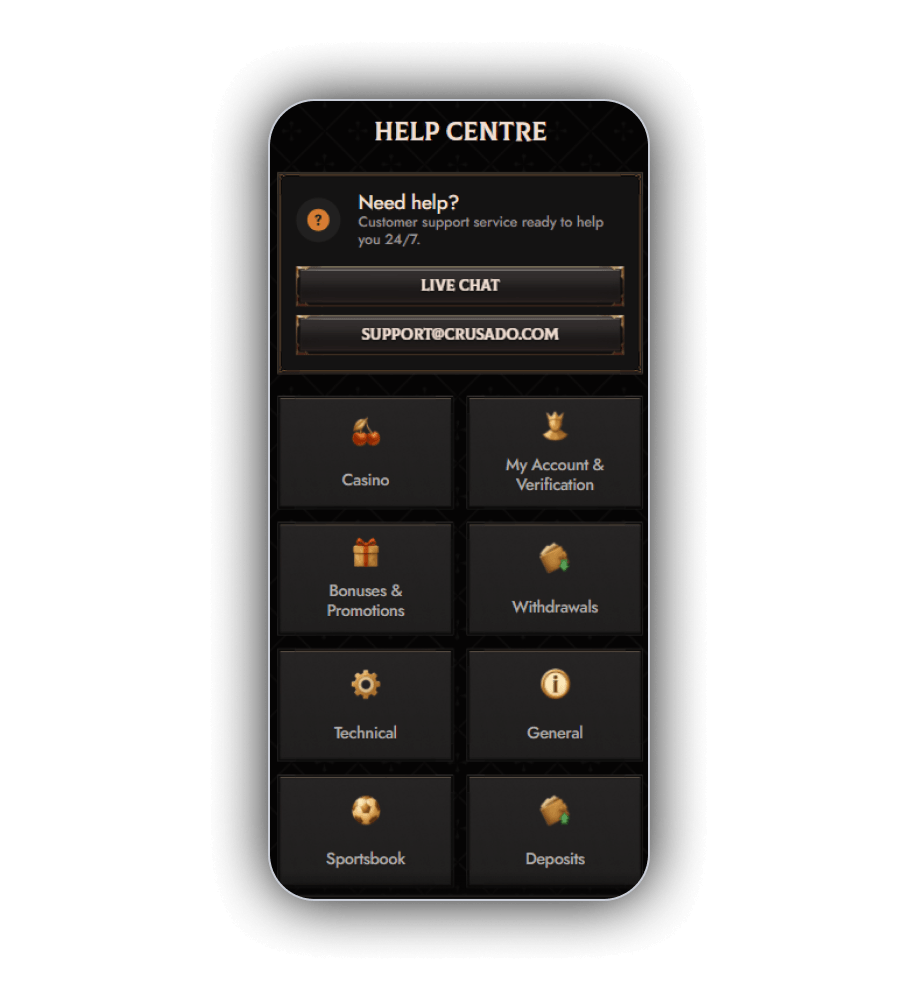 The Crusado Casino contact and help centre page showing chat, e-mail and help articles