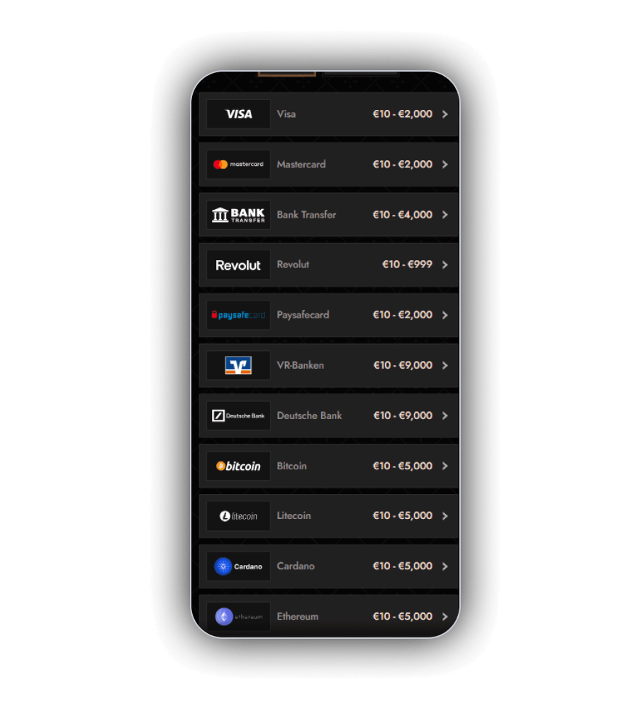 The Crusado Casino cashier page showing the twelve deposit and withdrawal routes