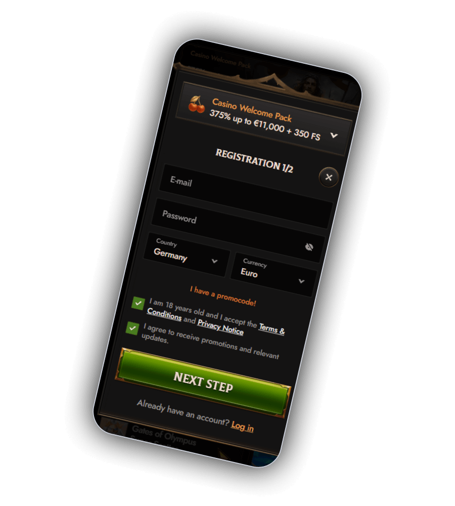 The Crusado Casino registration flow with the welcome pack summary in view